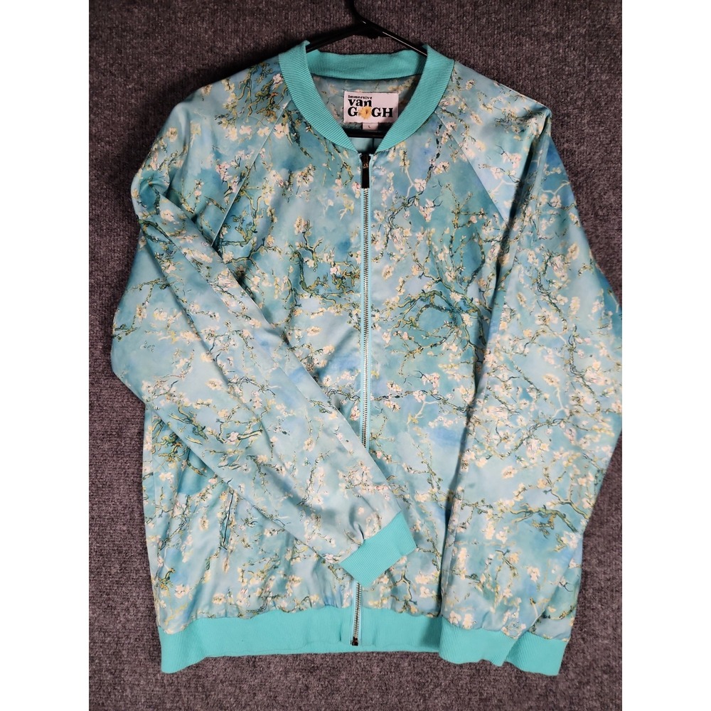 Immersive Van Gogh Almond Blossom Bomber Jacket Turquoise Art Graphic Zip Top L